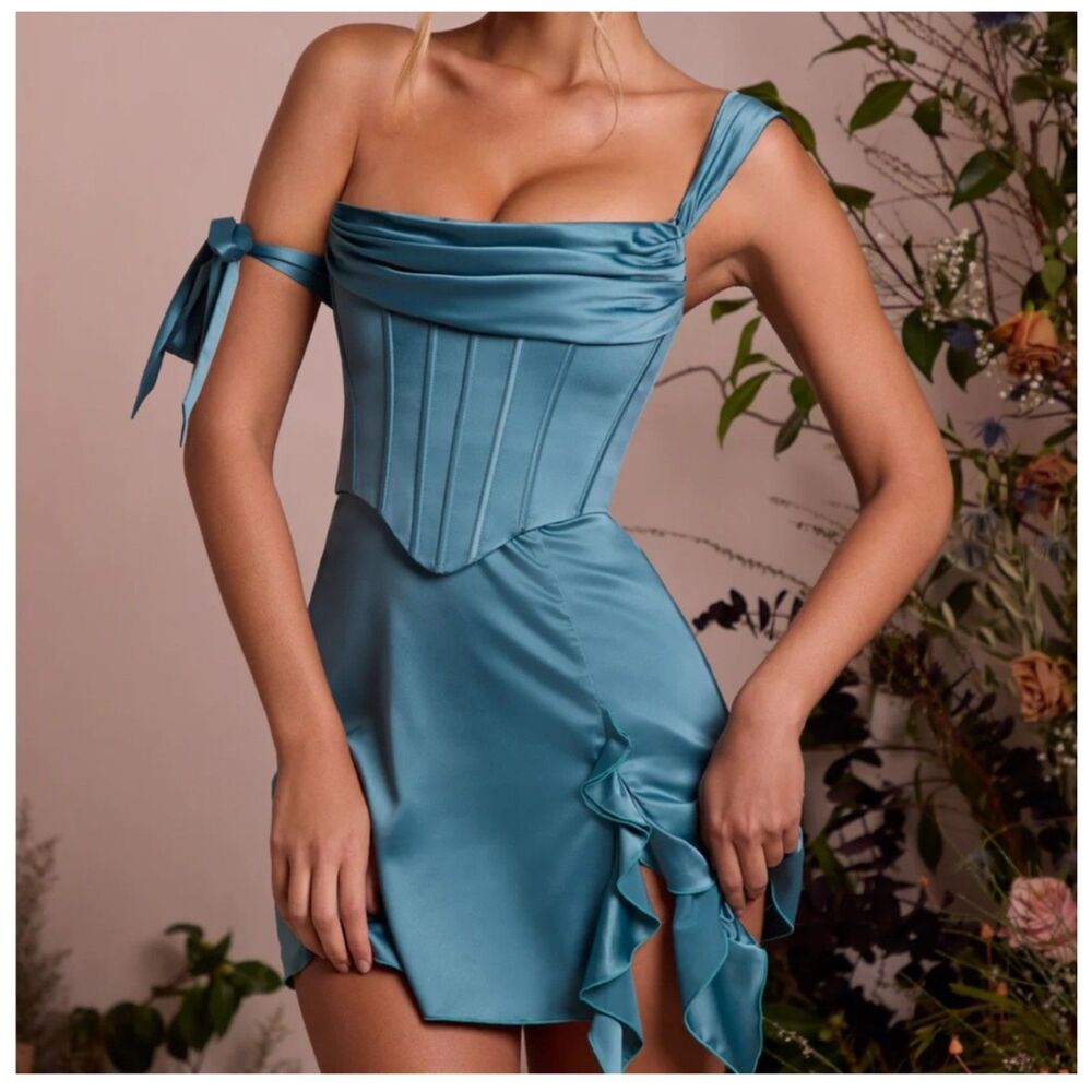 Oh Polly Teal Satin Corset Mini Dress
